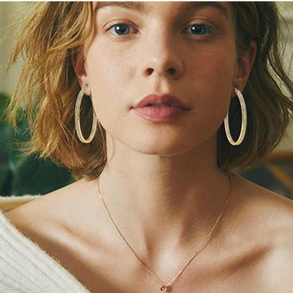 Woman’s Gold Pave’ Large Gold Hoop Earrings - Picture 4 of 8